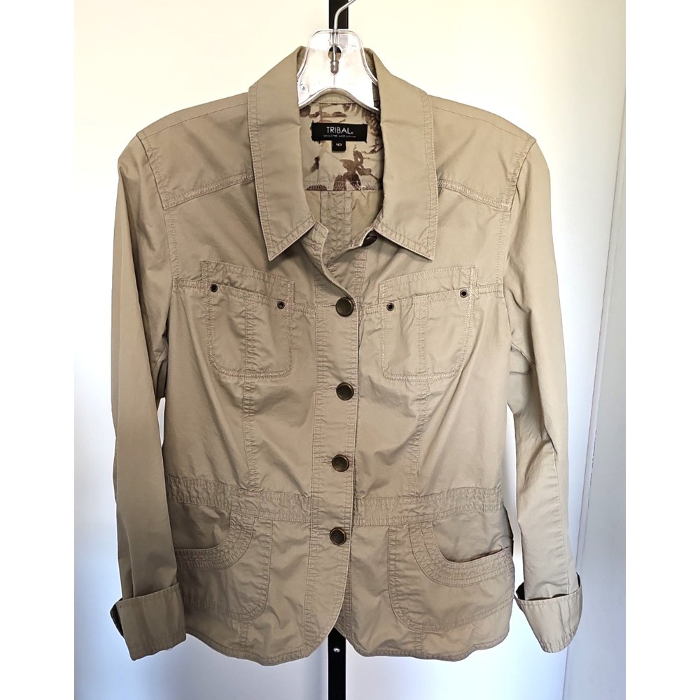 Tribal Utility Jacket Beige Cotton Safari Cargo Drawstring Lace Trim Womens 10